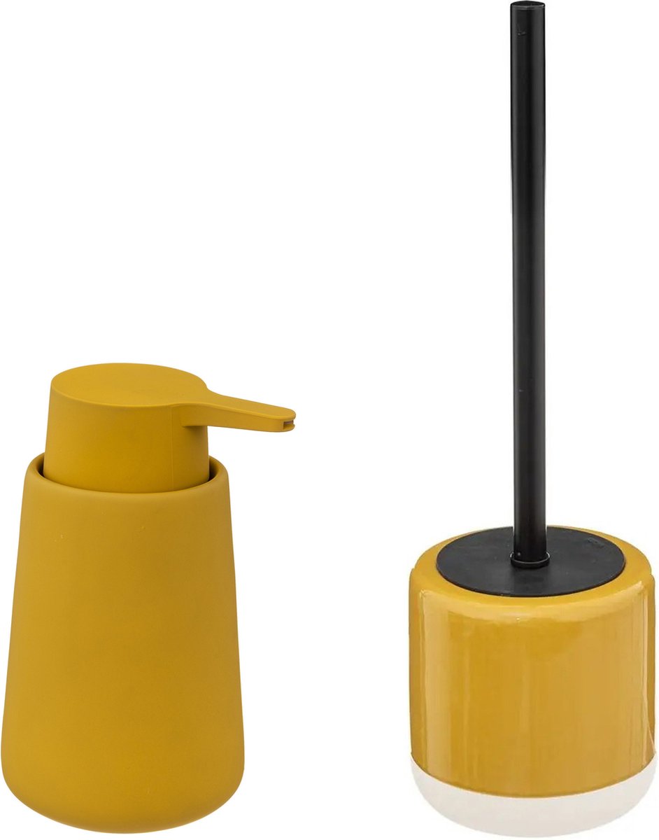 5Five Toiletborstel mosterdgeel 38 cm met zeeppompje 250 ml polyresin