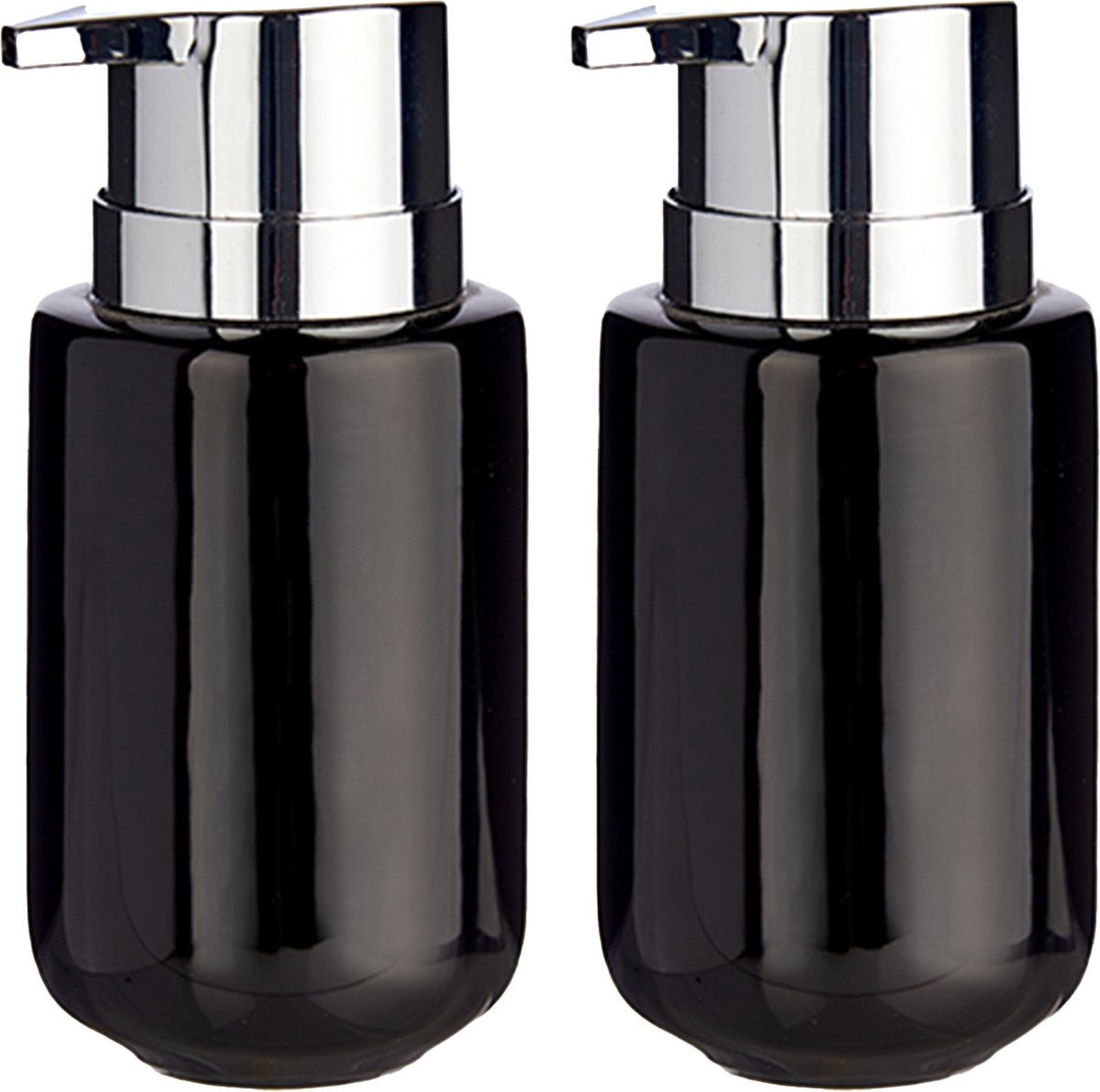 Berilo zeeppompje/dispenser - 2x - keramiek - zwart/zilver - 350 ml - toilet/badkamer/keuken - lotionpompje