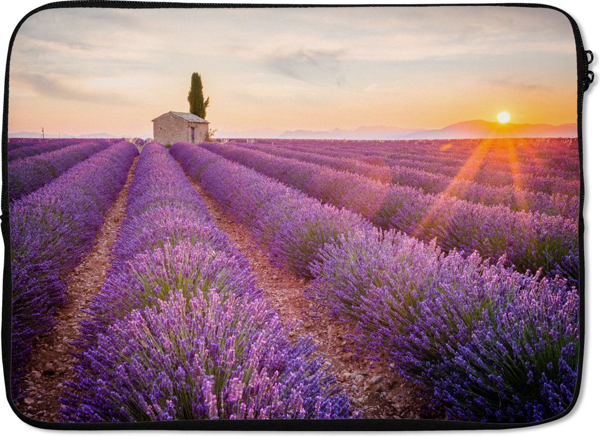 Laptophoes 14 inch - Lavendel - Zonsondergang - Bloemen - Paars - Laptop sleeve - Binnenmaat 33x23 cm - Zwarte achterkant