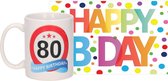 Verjaardag cadeau mok/beker 80 jaar print 300 ml + A5-size wenskaart Happy Birthday