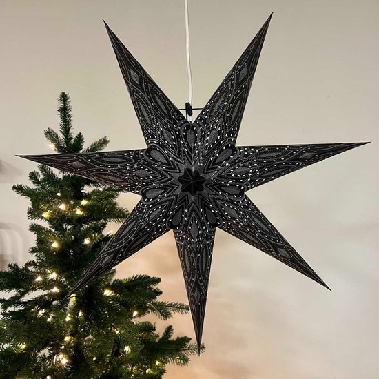 Kerstster papier met verlichting - 60 cm diameter, 24 cm diep - Kerst ster voor binnen - Nova Zwart/Zilver Glitter - FSC papier - Incl. 3 m. snoer met stekker, schakelaar en E14-fitting - Kerst Raam decoratie - Kerstversiering - Kerstverlichting