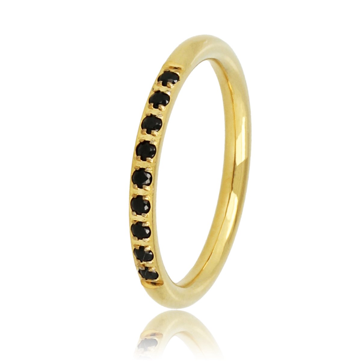 Fijne aanschuifring goud met zwarte steentjes - Smalle en fijne ring met zwarte zirkonia steentjes - Met luxe cadeauverpakking