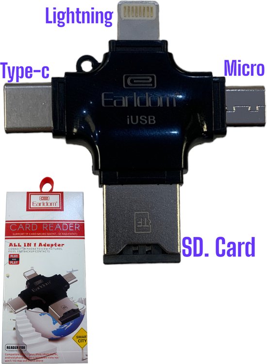 Kaartlezer- Card reader – Micro SD- kaartlezer- Type-C en Lightning connector. TF flash-geheugenkaartlezer voor iPhone – android USB 2.0 kleur zwart.