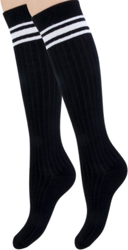 Chaussettes hautes Teckel pour femmes | Noir à rayures blanches