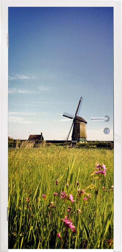 Deursticker Een molen met bloemen - 95x215 cm - Deurposter