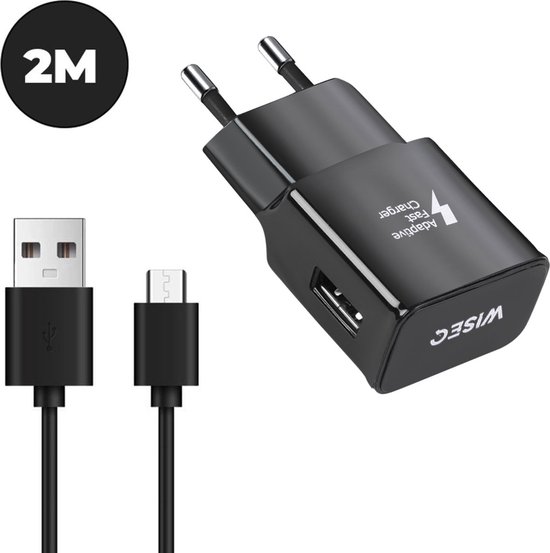 WiseQ Oplader met 2 meter MicroUSB Kabel - Voor Samsung / Huawei - Zwart