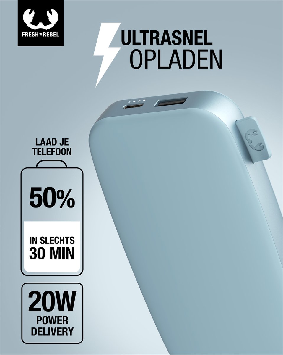 Fresh Powerbank 12000 mAh Ultra Snellader Lichtblauw - afbeelding 2