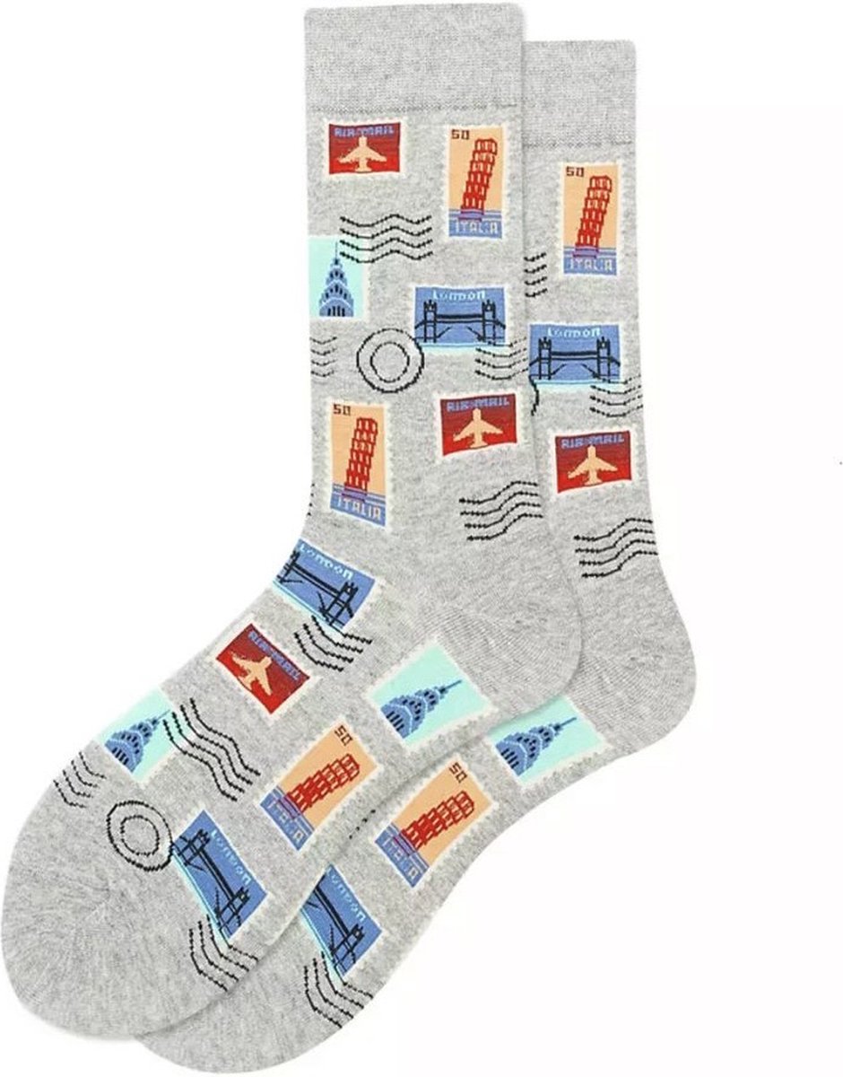 Postzegel sokken - sokken reizen - vakantie sokken - sokken - postzegels - reizen - grijze sokken - 39/43 maat