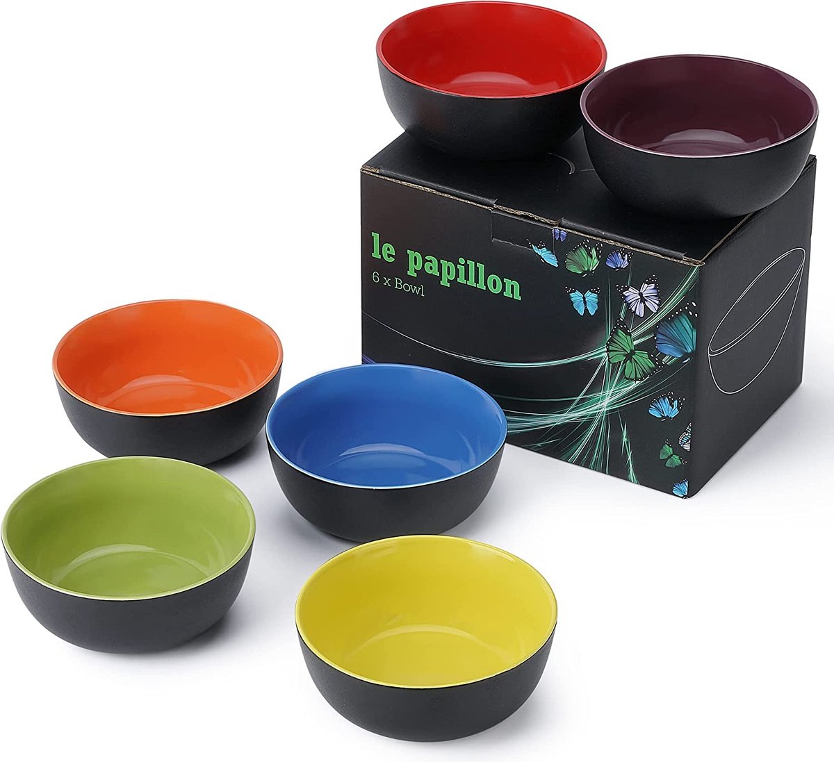 MIAMIO - 6 x 600 ml aardewerk kommen set zwarte buitenkant kleurrijke binnenkant - Le Papillon Collectie