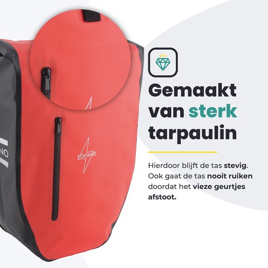 Voltano Luxe Fietstas 28L - Enkele Pakaftas - Zwart / Rood - 100% Waterdicht - Gratis Schouderband van Voltano — afbeelding 4