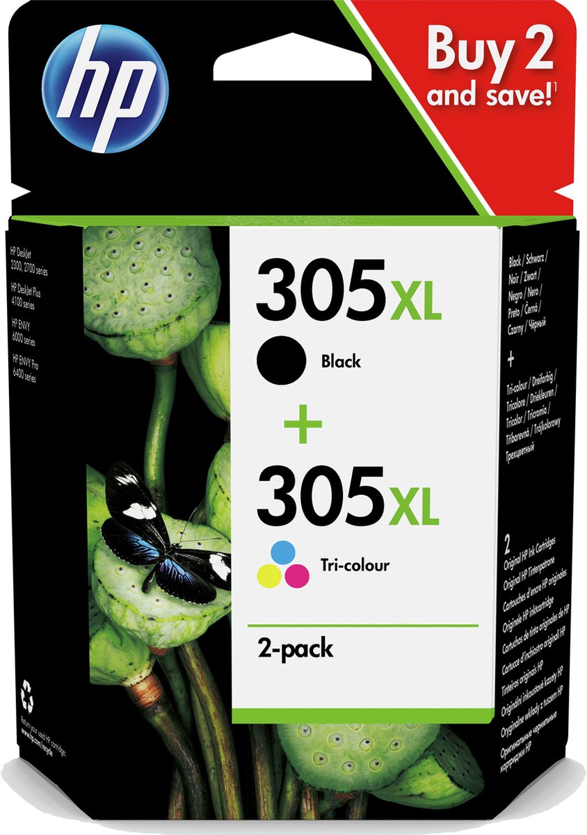 HP 305XL - High Yield Tri-color/Black Original Ink Cartridge - 2-Pack