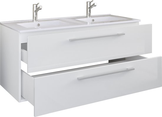 Meuble de salle de bain blanc avec deux tiroirs ouverts, deux lavabos et poignées chromées.