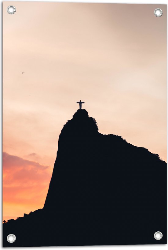 WallClassics - Poster de jardin - Silhouette de la statue de Jésus sur une montagne avec coucher de soleil - 40x60 cm Photo sur Poster de jardin (décoration murale pour l'extérieur et l'intérieur)
