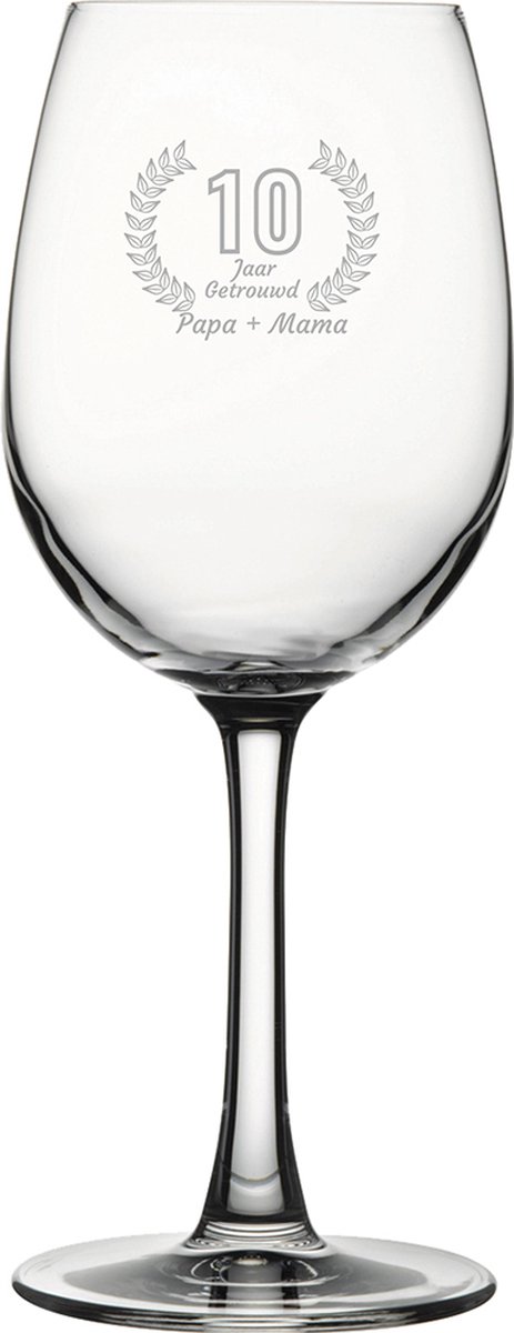 Gegraveerde witte wijnglas 36cl Papa + mama 10 jaar getrouwd