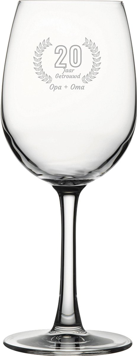 Gegraveerde witte wijnglas 36cl Opa + Oma 20 jaar getrouwd
