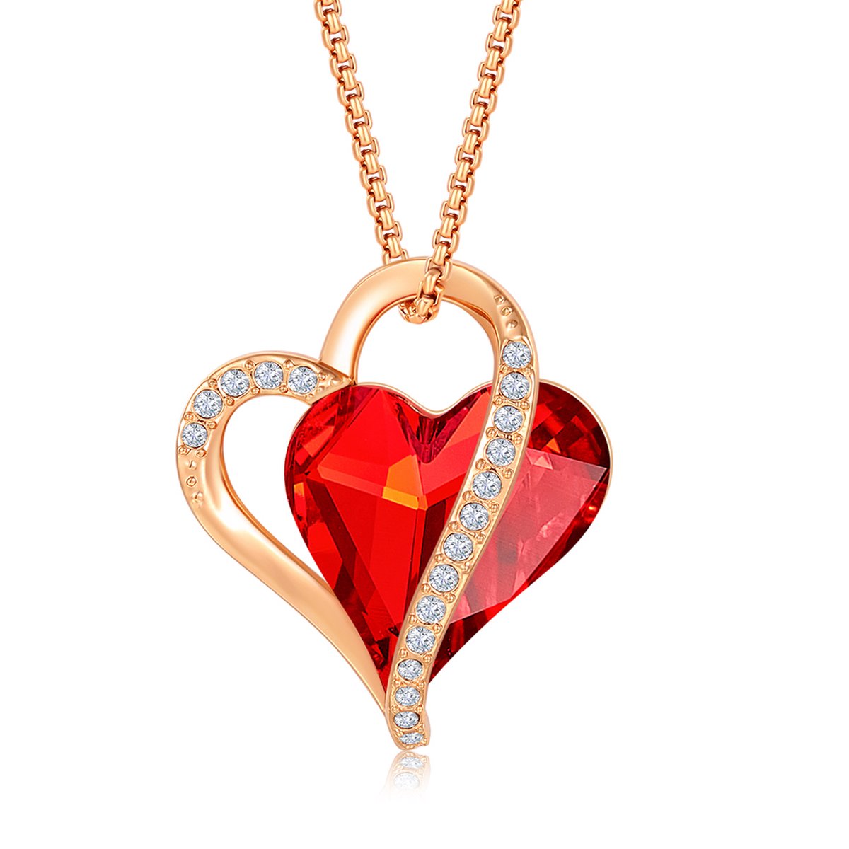 Rood QoF Dubbel Hart Pendant Hanger met 14k Goud Sier - Ketting 40cm +5cm