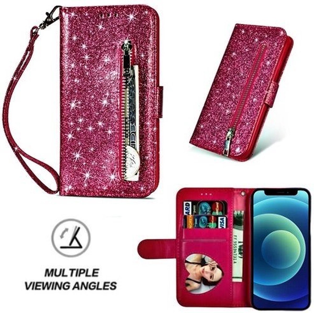 iPhone 12 Mini Glitter Hoesje Met Pasjeshouder Bookcase Roze