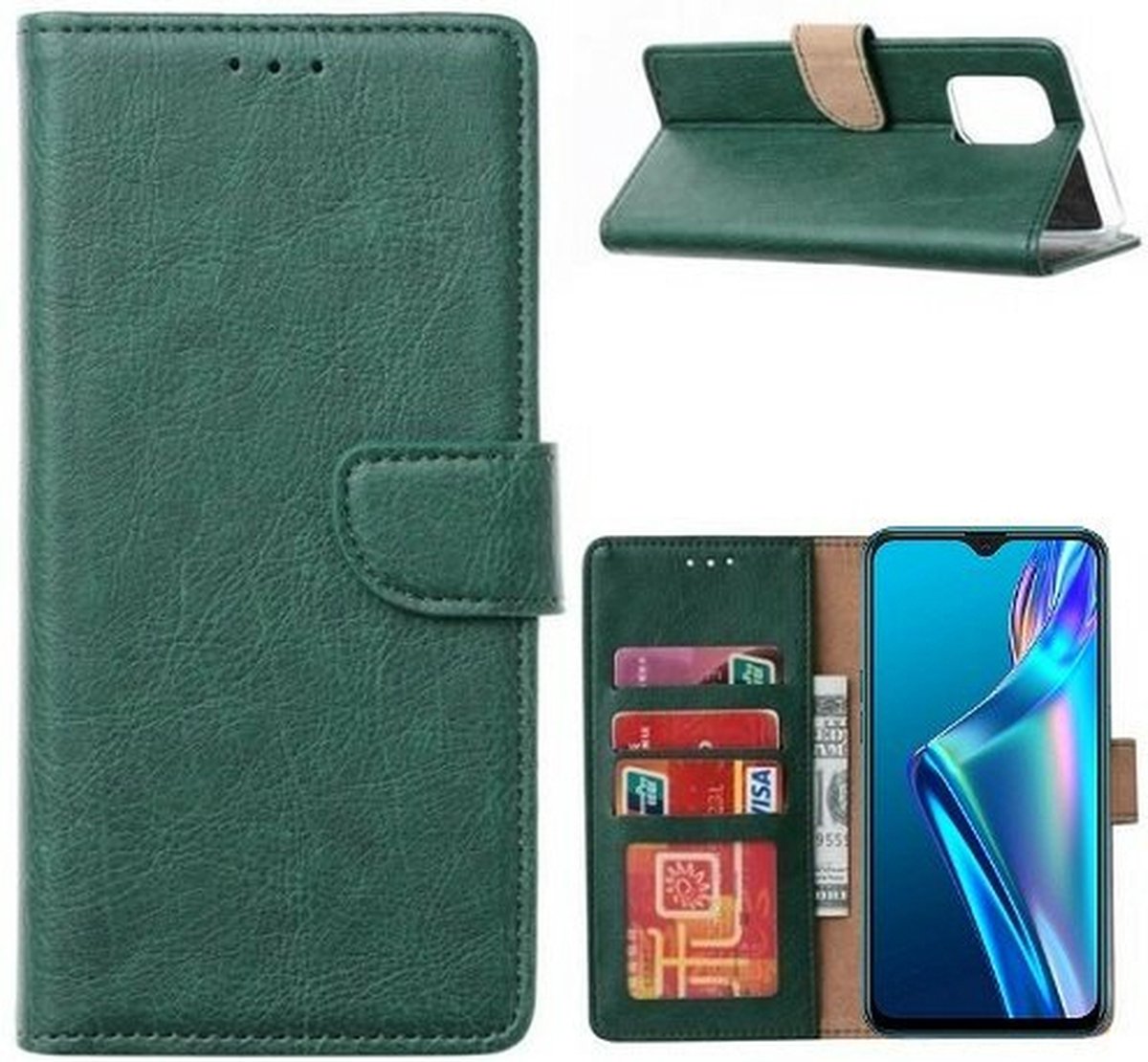 Oppo A12s Hoesje Met Pasjeshouder Bookcase Donkergroen