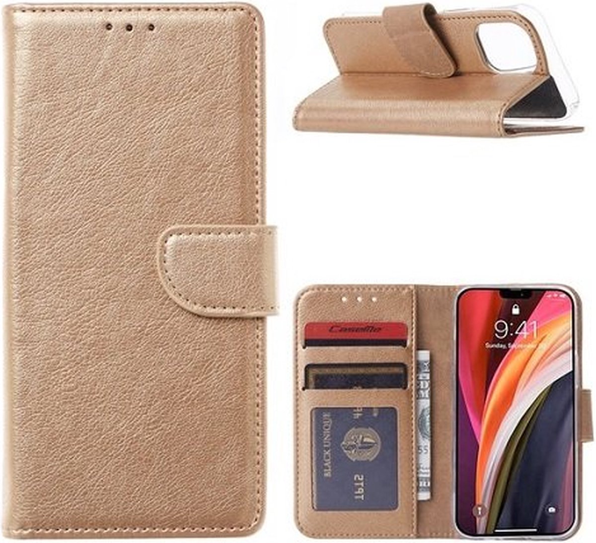 iPhone 13 Pro Max Hoesje Met Pasjeshouder Bookcase Goud