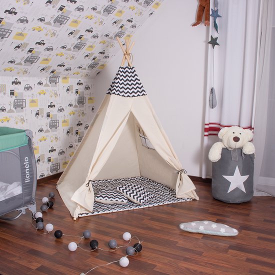 Springos Tipi Tent | Wigwam Speeltent | 120x100x180 cm | Met Mat en Kussens | Naturel Zwart | Golven