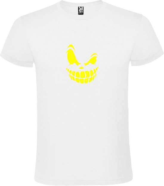Wit T-Shirt met “ Halloween Spooky Face “ afbeelding Neon Geel Size XS