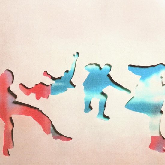 Albumhoes met uitgesneden silhouetten van vier personen in rood en blauw.