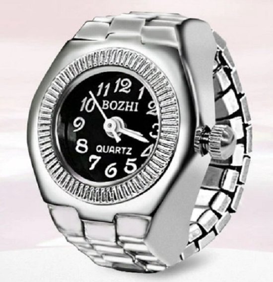 Ring horloge - rekbaar - zilverkleurig - zwart - klein - 2 cm dial - one size