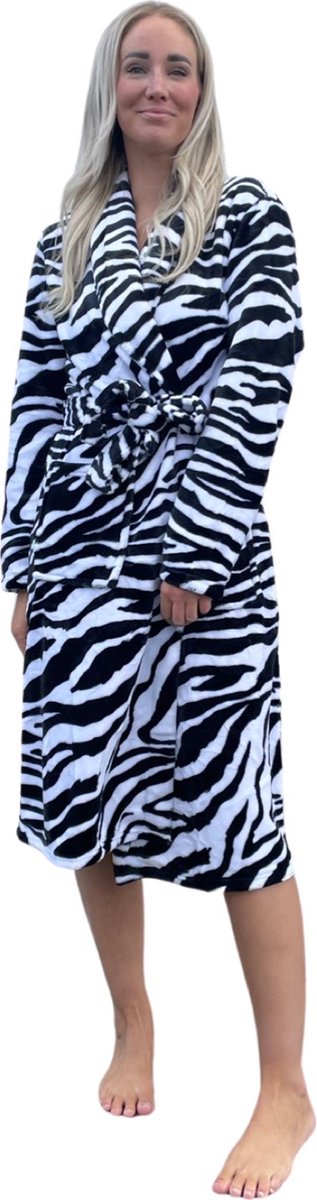 Badjas zebra maat S/M - fleece badjas dames - sjaalkraag - kuitlengte - Badrock