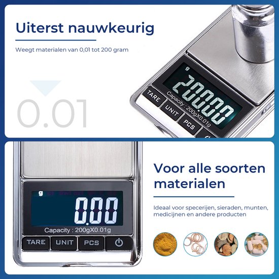 Precisie Weegschaal Keuken Digitaal - 0 01 tot 200 gram - Incl. batterij! - Premium Commerce