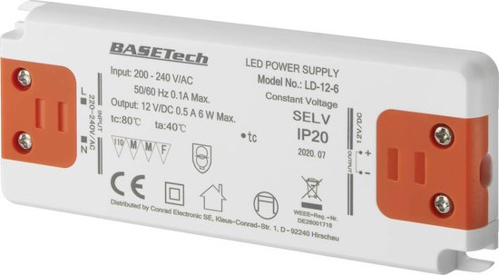 Basetech LD-12-6 LED-transformator Constante spanning 6 W 0.5 A Geschikt voor meubels, Overspanning, Montage op ontvlam