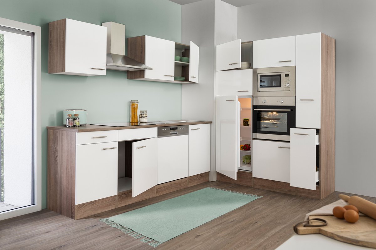 Goedkope keuken 370 cm - complete keuken met apparatuur Oliver - Donker eiken/Wit - keramische kookplaat - vaatwasser - afzuigkap - oven - magnetron - spoelbak