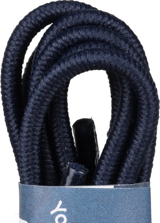 Donkerblauwe ronde koordveters van 55 cm lang, opgerold.