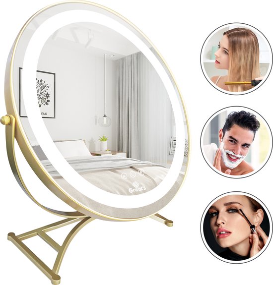 Great's® Make Up Spiegel met LED Verlichting - ⌀ 40cm - Visagie Spiegel Rond - Extra Close up Spiegeltje 10x - Goud