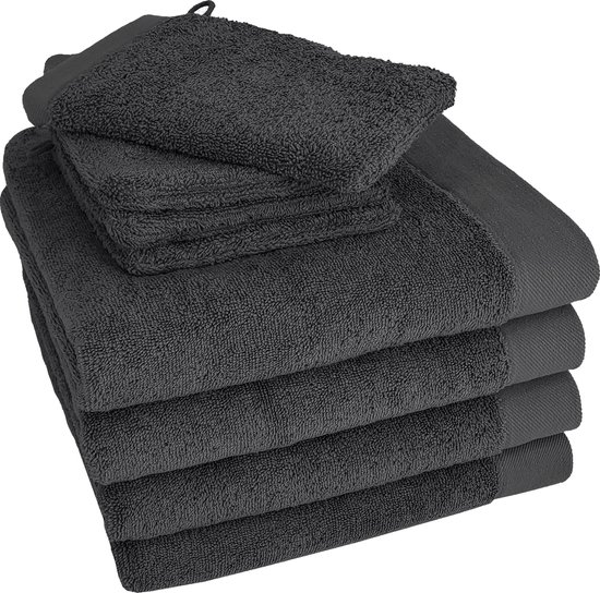 HOOMstyle Badgoedset 4 x Handdoeken 60x110cm en 4 x Washandjes - 100% Katoen 650gr - Zwart