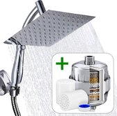 Regendouchekop XL Deluxe Ionisch Met Waterfilter - Waterbesparend - ø 28 cm - Inclusief Extra Navulling - Slang en Houder - Douchekop met filter - Regendouche - Handdouche - Hoge druk - RVS - Douchefilter - Wellness - Spa