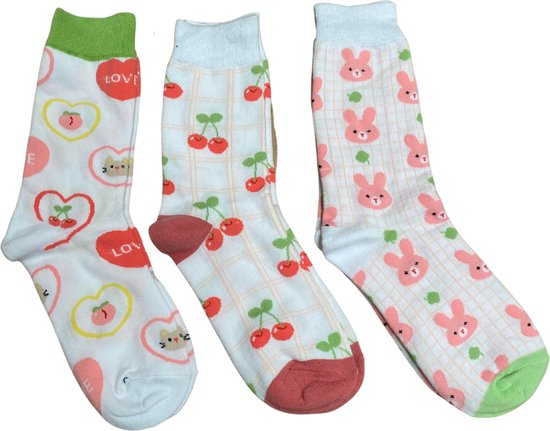 3 paar Kawaii sokken met poesjes, konijnen en kersen - Dames/meisjes sokken maat 35-40