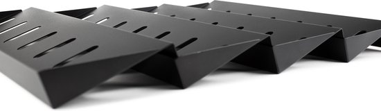 Detail van vier zwarte, metalen, zigzaggende kruidenrekken op een witte achtergrond.