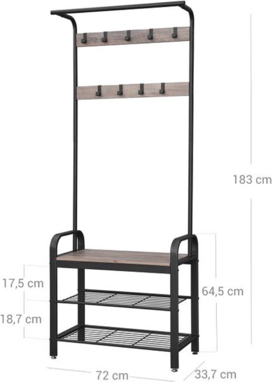 Grijze kapstok met houten planken en metalen frame. Afmetingen: 183 cm hoog, 72 cm breed, 33,7 cm diep.