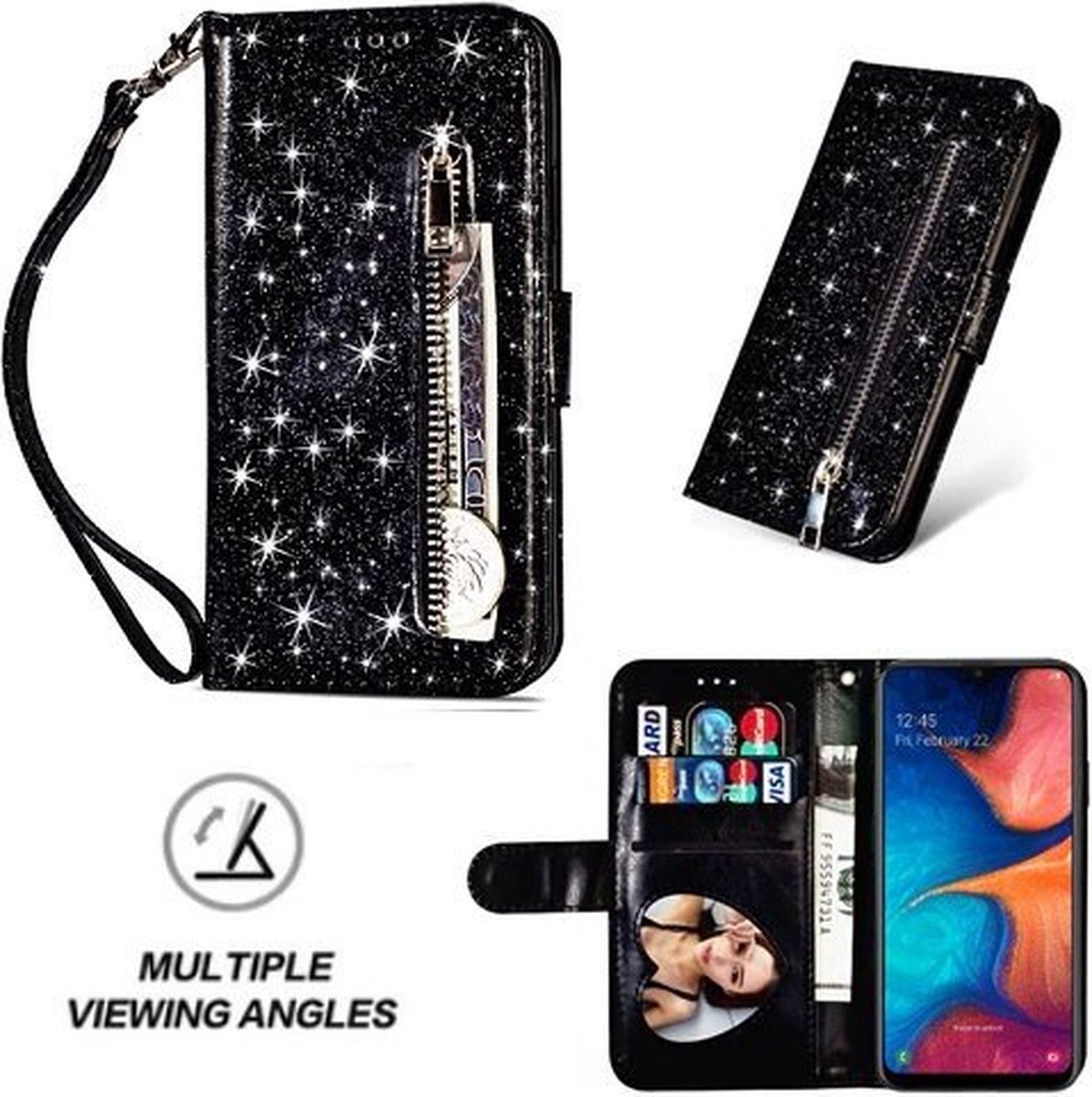 Samsung A20e Glitter Hoesje Met Pasjeshouder Bookcase Zwart
