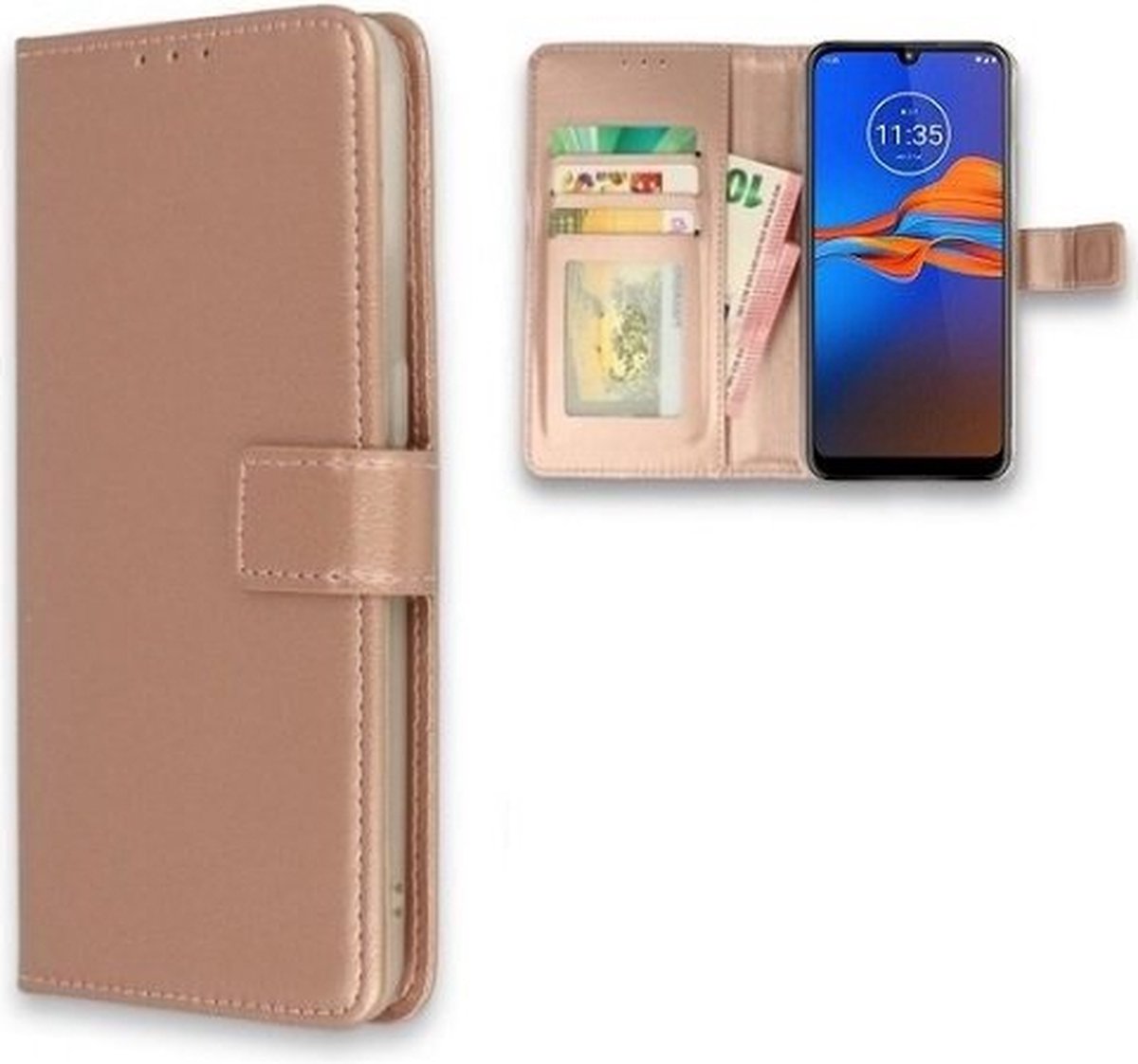 Motorola E6 Plus Hoesje Met Pasjeshouder Bookcase Rose Goud