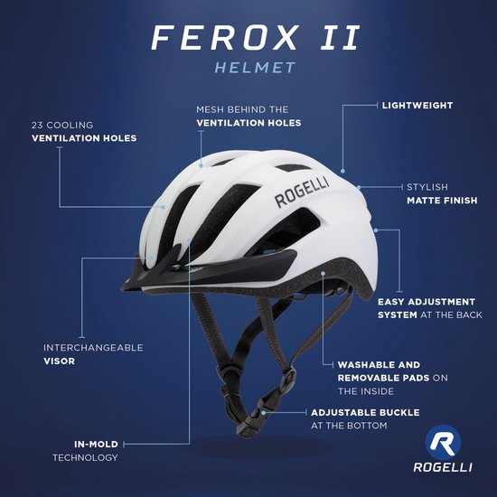 Illustratie van witte Rogelli Ferox II fietshelm met specificaties zoals ventilatie, vizier en pasvorm.