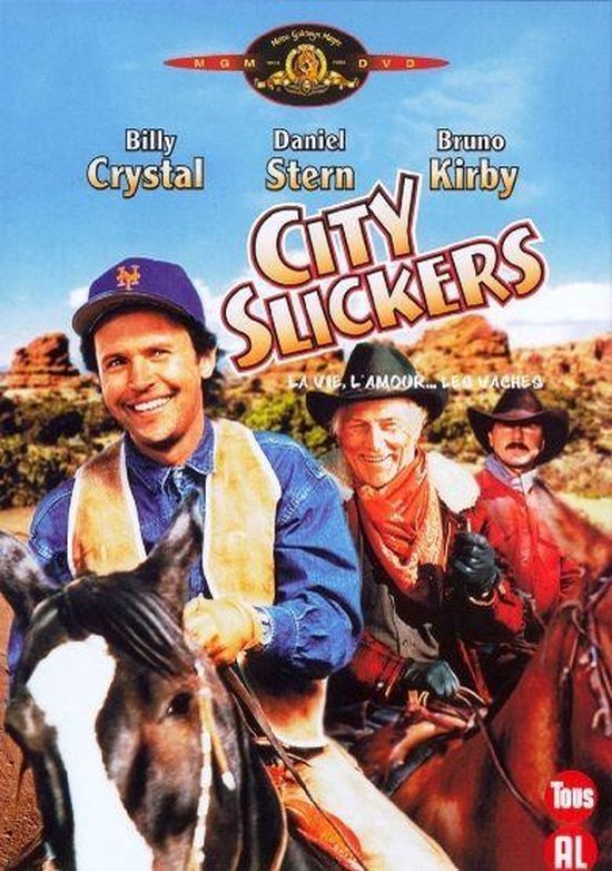 Filmcover 'City Slickers' met Billy Crystal, Daniel Stern en Bruno Kirby te paard.