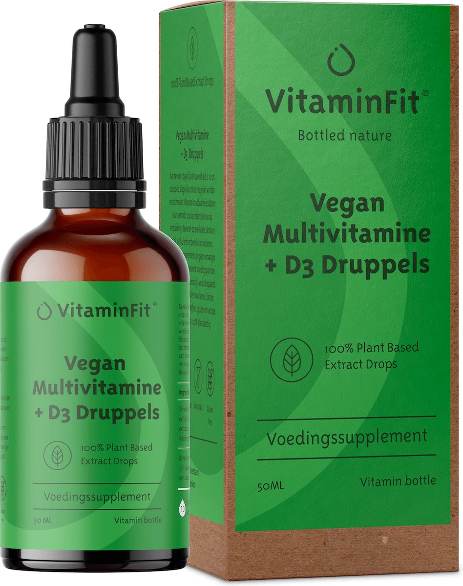 VitaminFit- Vegan Multivitamine + D3 Druppels - Voedingssupplement - 50 Ml _ Weerstand - 100% Plantaardig