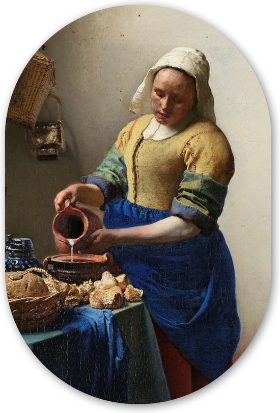 Muurovaal - Kunststof Wanddecoratie - Ovalen Schilderij - Het melkmeisje - Schilderij van Johannes Vermeer - 40x60 cm - Ovale spiegel vorm op kunststof