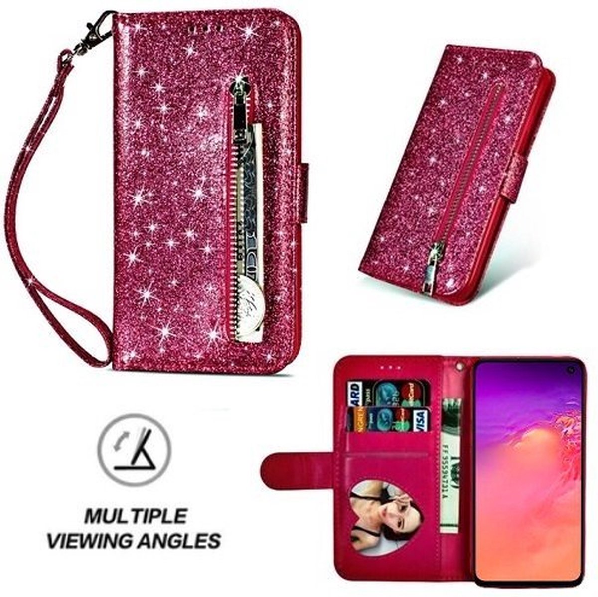 Samsung S10e Glitter Hoesje Met Pasjeshouder Bookcase Roze