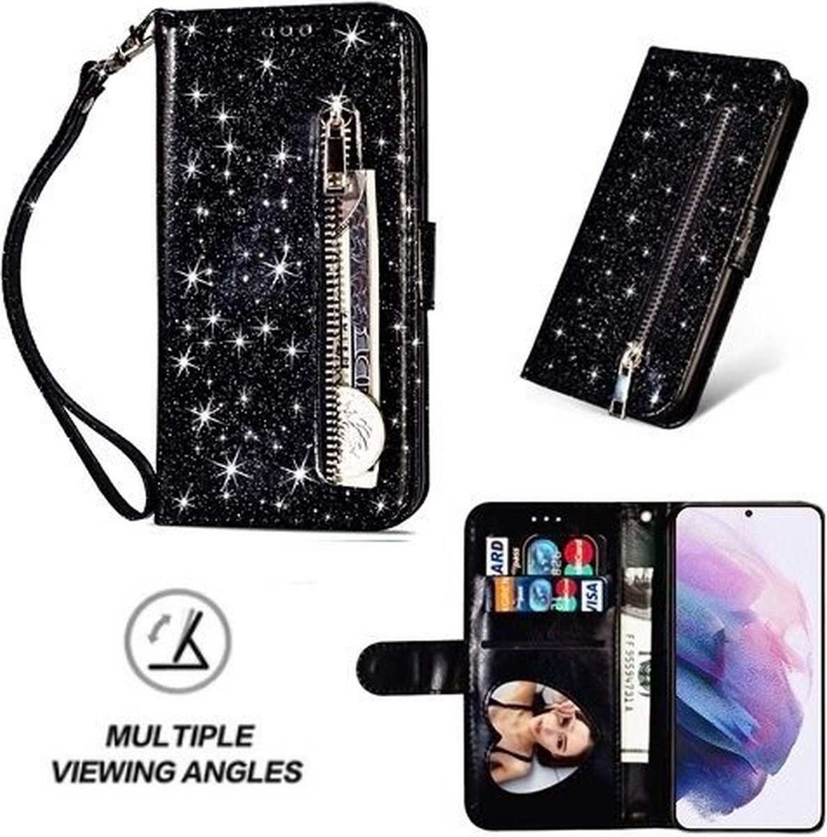 Samsung S21 Plus Glitter Hoesje Met Pasjeshouder Bookcase Zwart