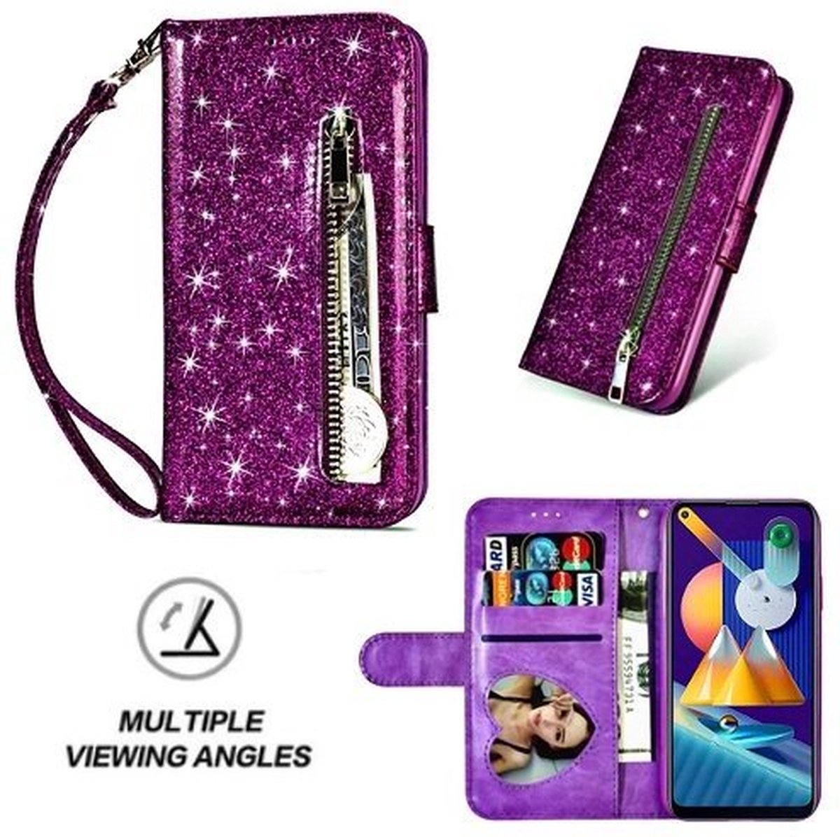 Samsung M11 Glitter Hoesje Met Pasjeshouder Bookcase Paars