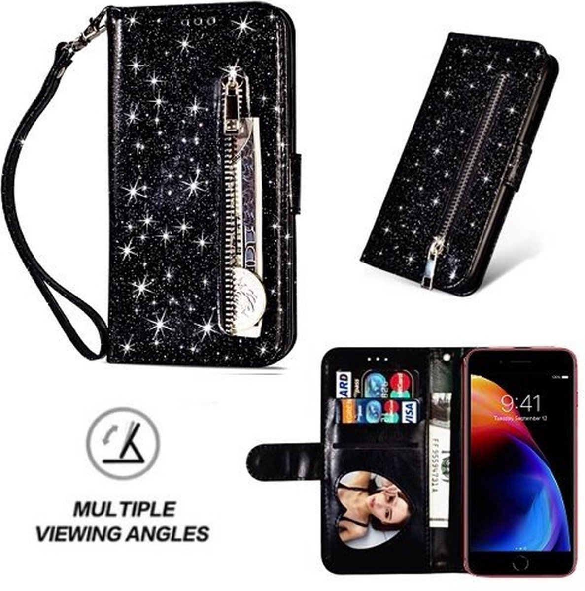 iPhone 8 Glitter Hoesje Met Pasjeshouder Bookcase Zwart