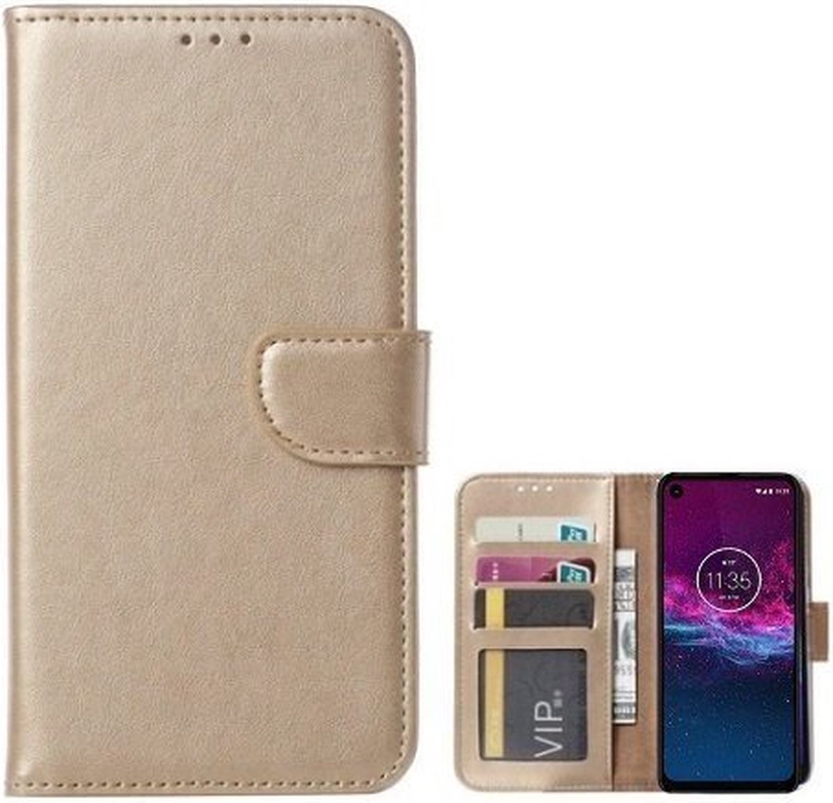 Motorola One Fusion Plus Hoesje Met Pasjeshouder Bookcase Goud