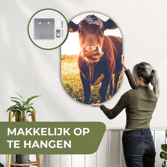 Ovale mural - Ovale mural - Décoration murale en plastique - Tableau ovale - Vache - Coucher de soleil - Fleurs - Herbe - Animaux - 80x120 cm - Forme miroir ovale sur plastique